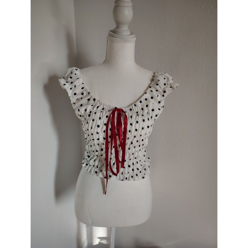 Retro Pinup Girl Off the Shoulder Polkadot Smocked Milkmaid Crop Top